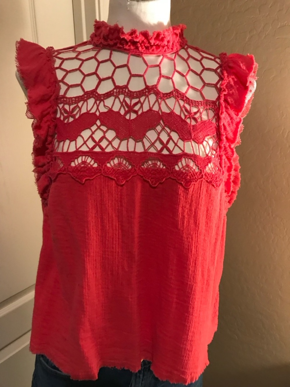 Free People Coral Pink Crochet Yoke Ruffle Sleeveless Camisole